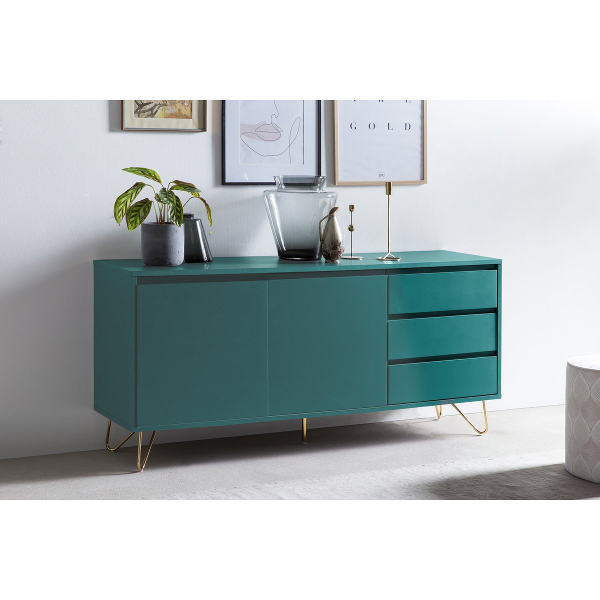 Sideboard blau mit 2 Türen und 3 Schubladen, 40 × 150 × 70 cm | VIA X SELECTION