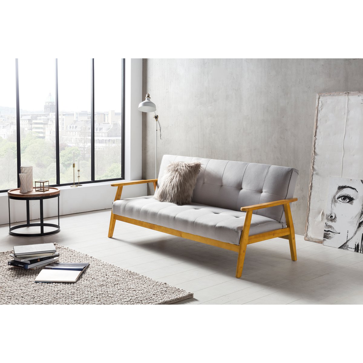 Schlafsofa in hellgrauem Webstoff mit Eichenholzgestell | VIA X SELECTION