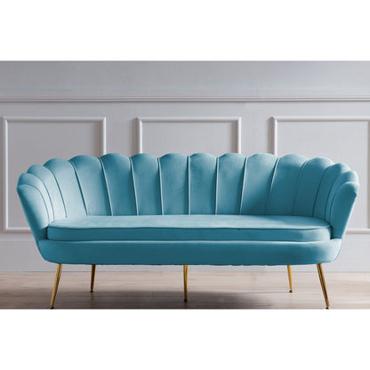 3-Sitzer-Muschelsofa in blauer Samtoptik mit goldfarbenem Metallgestell | VIA X SELECTION