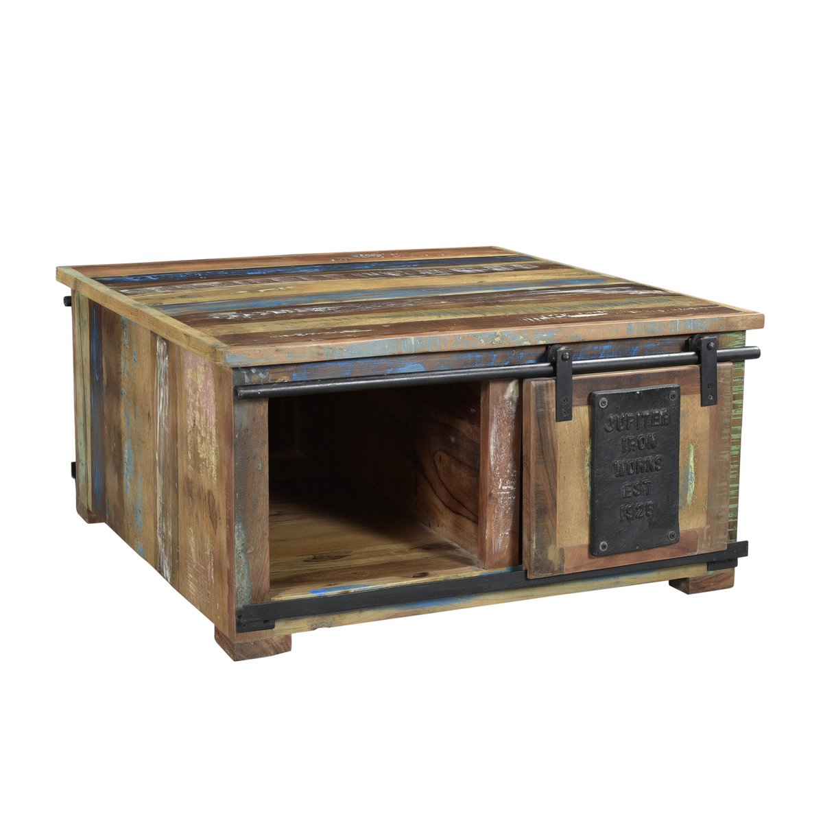 Couchtisch-Truhe aus recyceltem Holz und Metall, 80 × 80 × 40 cm | VIA X SELECTION