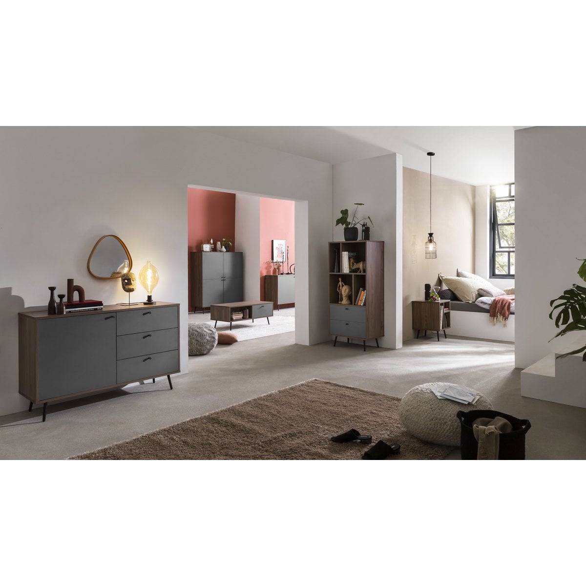 Bücherregal in Walnussoptik und Grau mit 2 Schubladen 39,6 ×, 60 × 138 cm | VIA X SELECTION