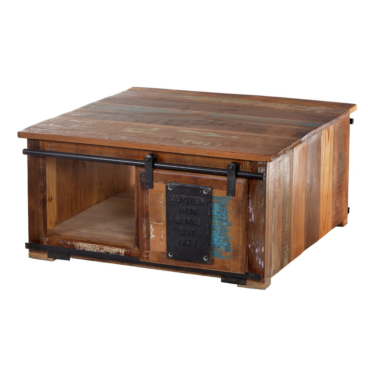 Couchtisch-Truhe aus recyceltem Holz und Metall, 80 × 80 × 40 cm | VIA X SELECTION