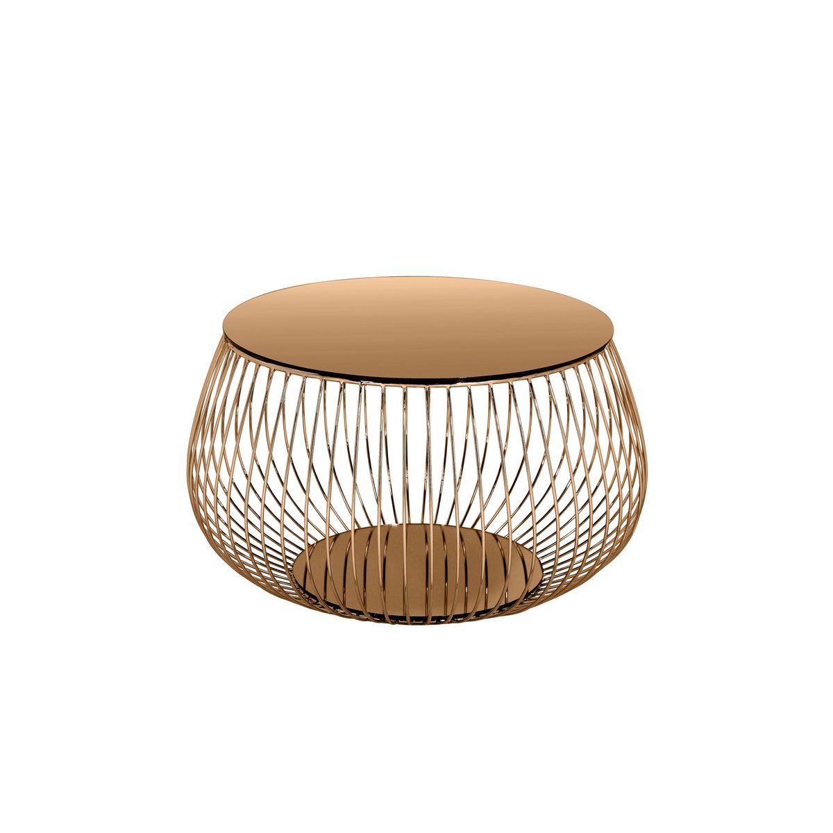 Runder Couchtisch mit roségoldener Spiegelplatte und Korbgestell, Ø, 72 × 42 cm | VIA X SELECTION