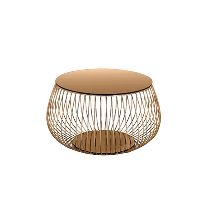 Runder Couchtisch mit roségoldener Spiegelplatte und Korbgestell, Ø, 72 × 42 cm | VIA X SELECTION