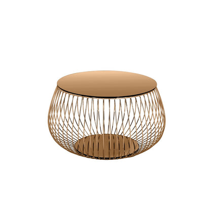 Runder Couchtisch mit roségoldener Spiegelplatte und Korbgestell, Ø, 72 × 42 cm | VIA X SELECTION