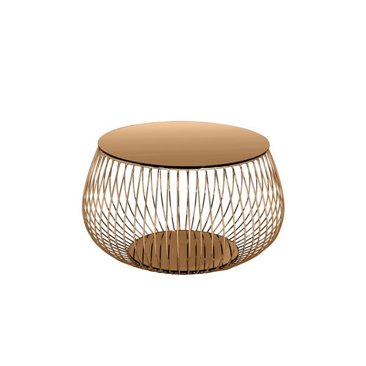 Runder Couchtisch mit roségoldener Spiegelplatte und Korbgestell, Ø, 72 × 42 cm | VIA X SELECTION