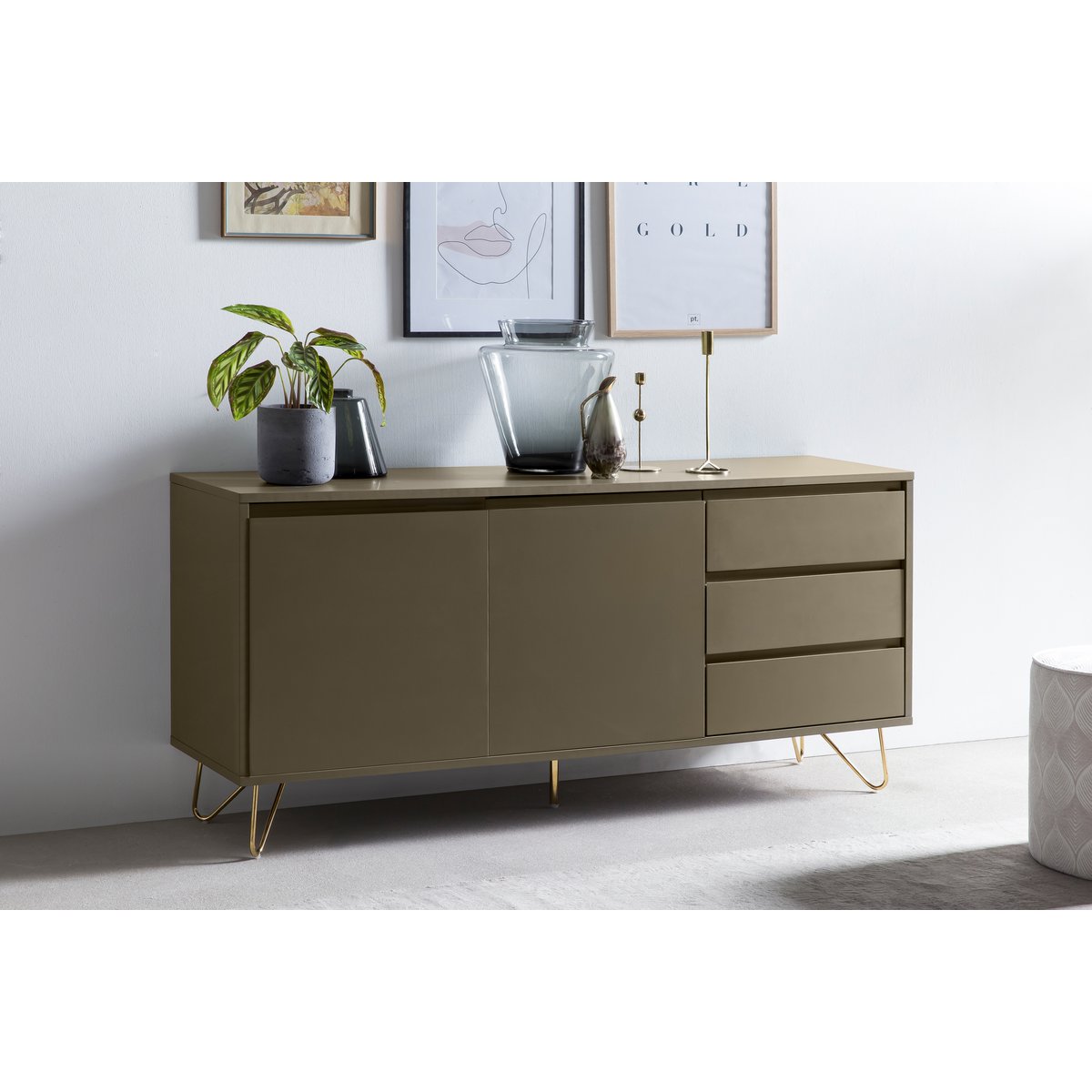 Sideboard grau mit 2 Türen und 3 Schubladen, 40 × 150 × 70 cm | VIA X SELECTION