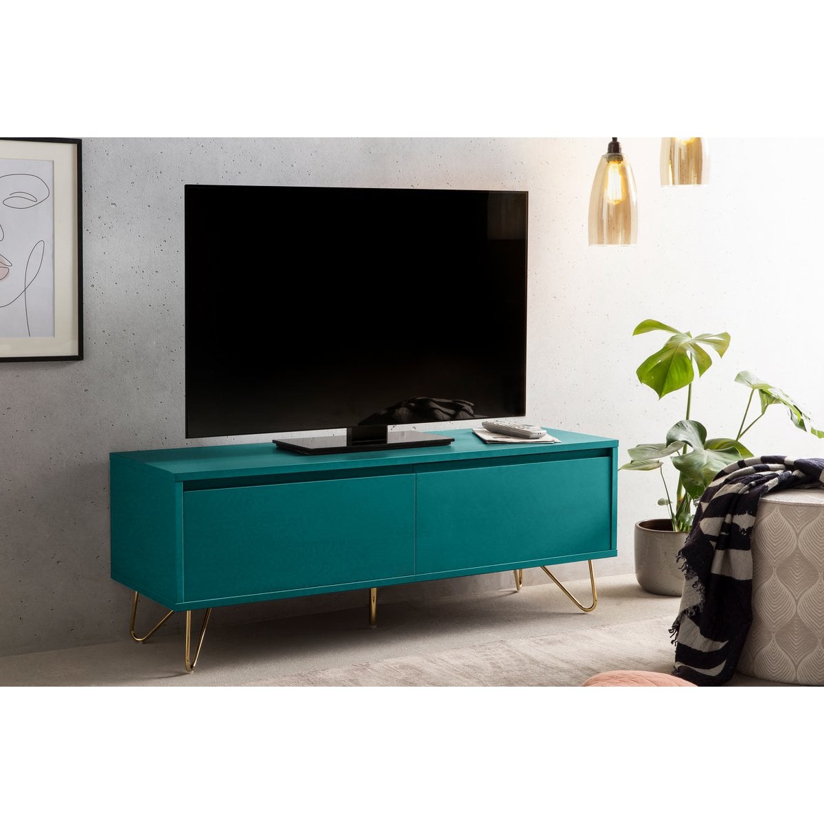 TV-Lowboard in Blaugrün mit goldfarbenen Metallbeinen, 120 × 40 × 45 cm | VIA X SELECTION