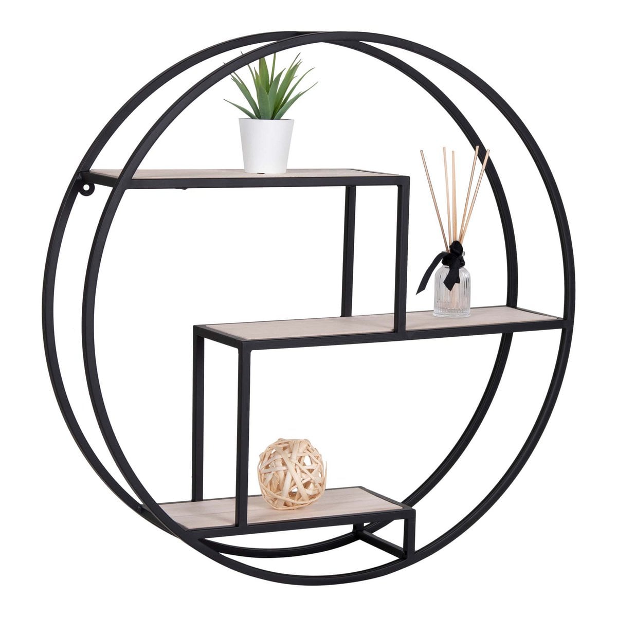 Rundes Regal aus schwarzem Stahl und Paulownienholz, 62 × 62 × 14 cm | VIA X SELECTION