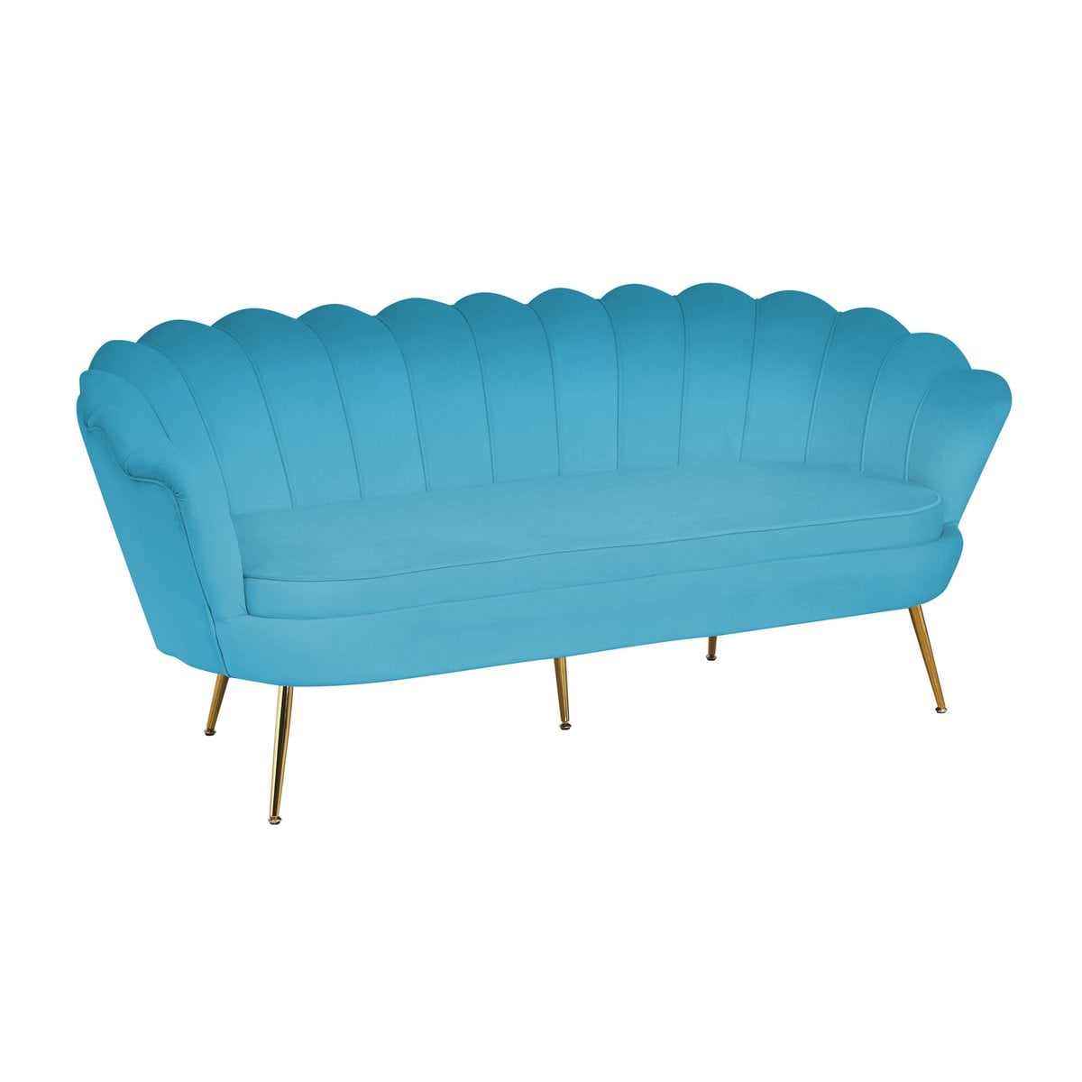 3-Sitzer-Muschelsofa in blauer Samtoptik mit goldfarbenem Metallgestell | VIA X SELECTION