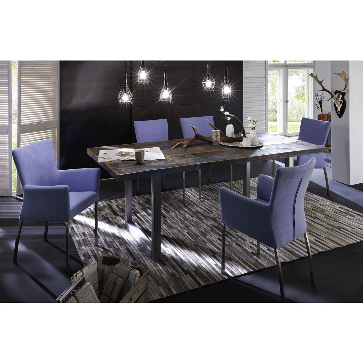 Esstisch Altholz mehrfarbig silberfarbenes Gestell, 220 × 100 cm | VIA X SELECTION
