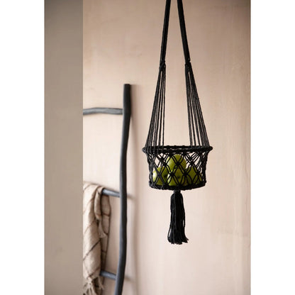 Makramee-Pflanzenhalter aus Baumwolle, Schwarz, 25 ×, 25 × 100 cm | VIA X SELECTION