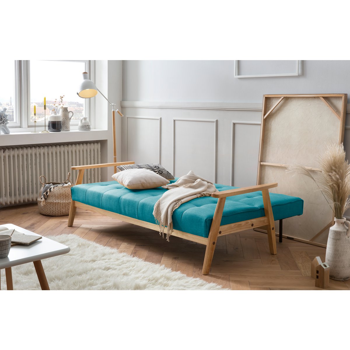 Schlafsofa in petrolfarbenem Strukturstoff mit Holzgestell | VIA X SELECTION