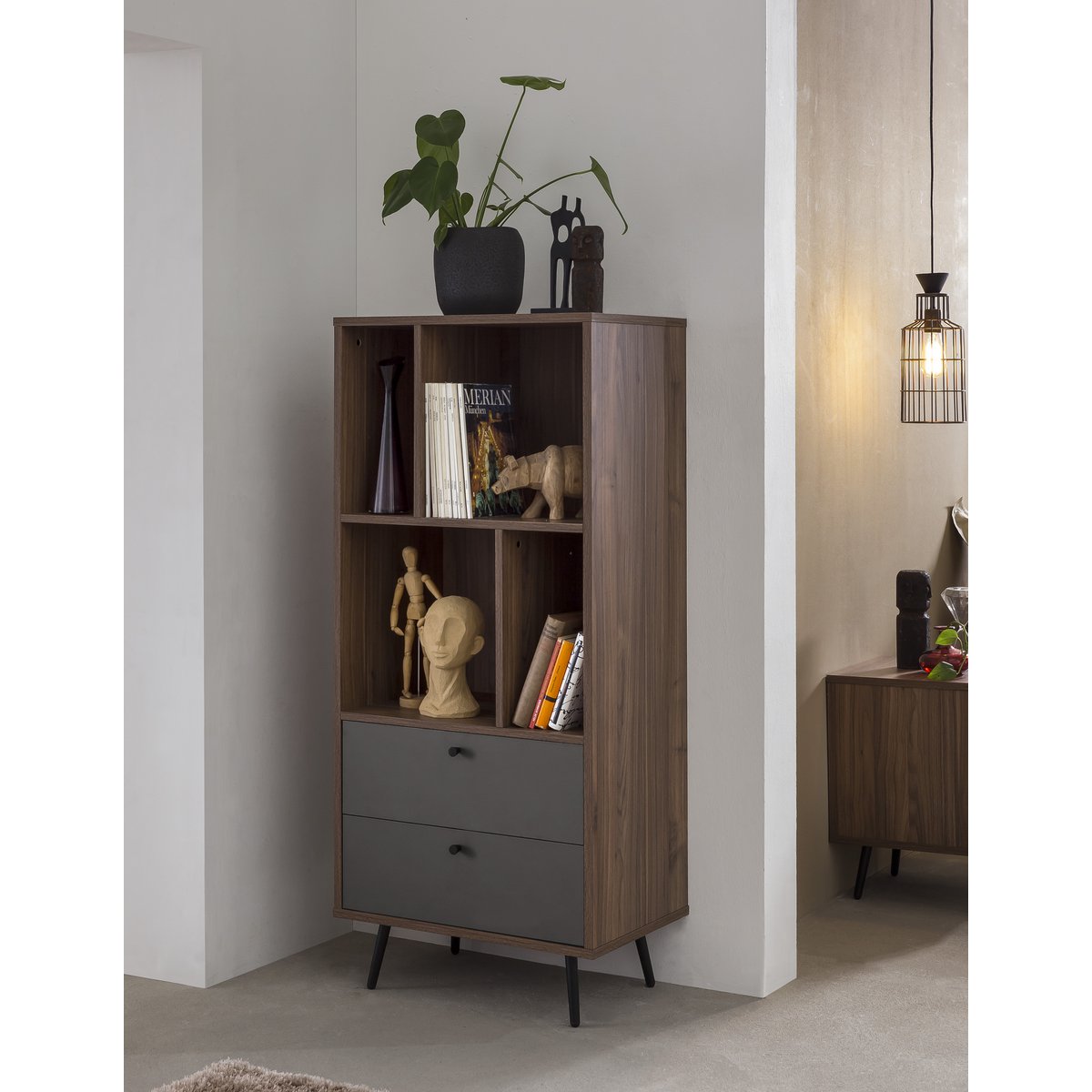 Bücherregal in Walnussoptik und Grau mit 2 Schubladen 39,6 ×, 60 × 138 cm | VIA X SELECTION