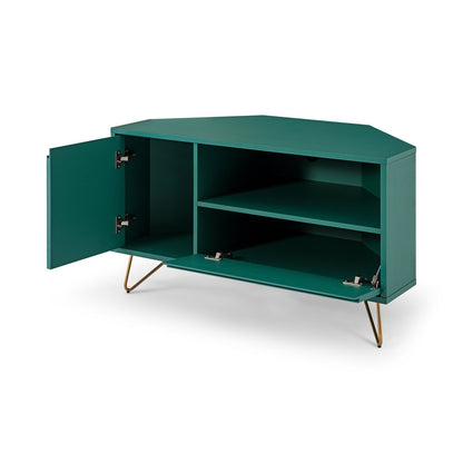 TV-Ecklowboard in Grün mit goldfarbenen Metallbeinen, 100 × 50 × 58 cm | VIA X SELECTION