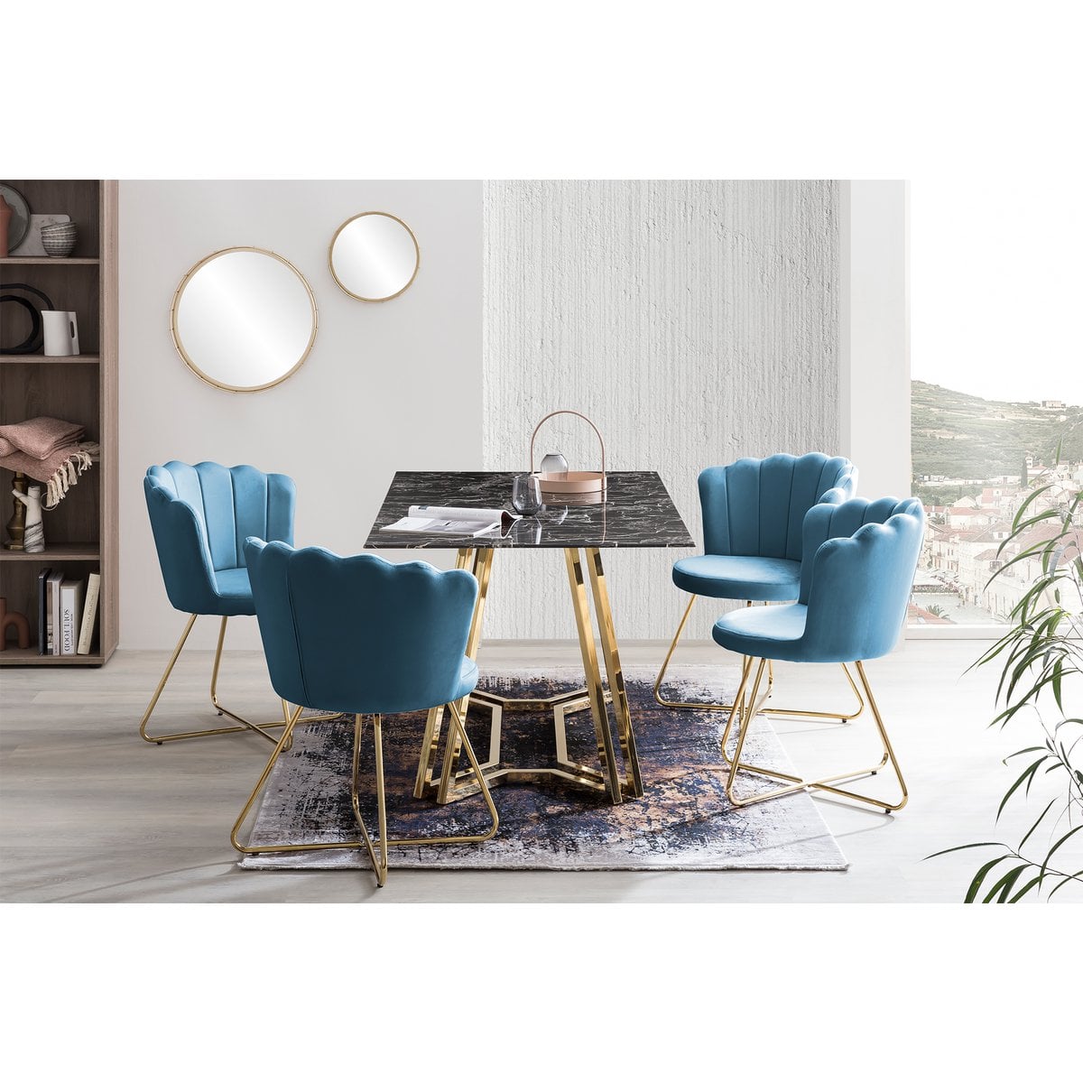 Esstisch mit Glasplatte in Marmoroptik und goldfarbenem Metallgestell, 160 × 90 cm | VIA X SELECTION