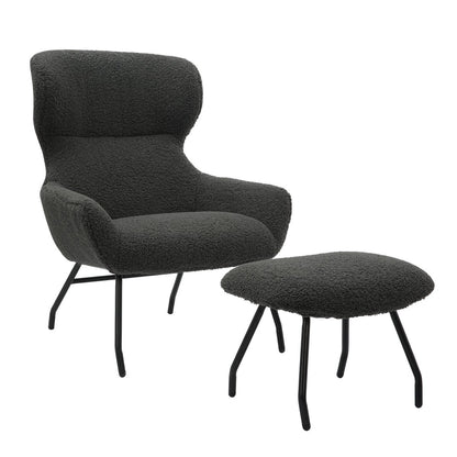 Sessel mit Hocker in Teddyfell-Optik anthrazit | VIA X SELECTION