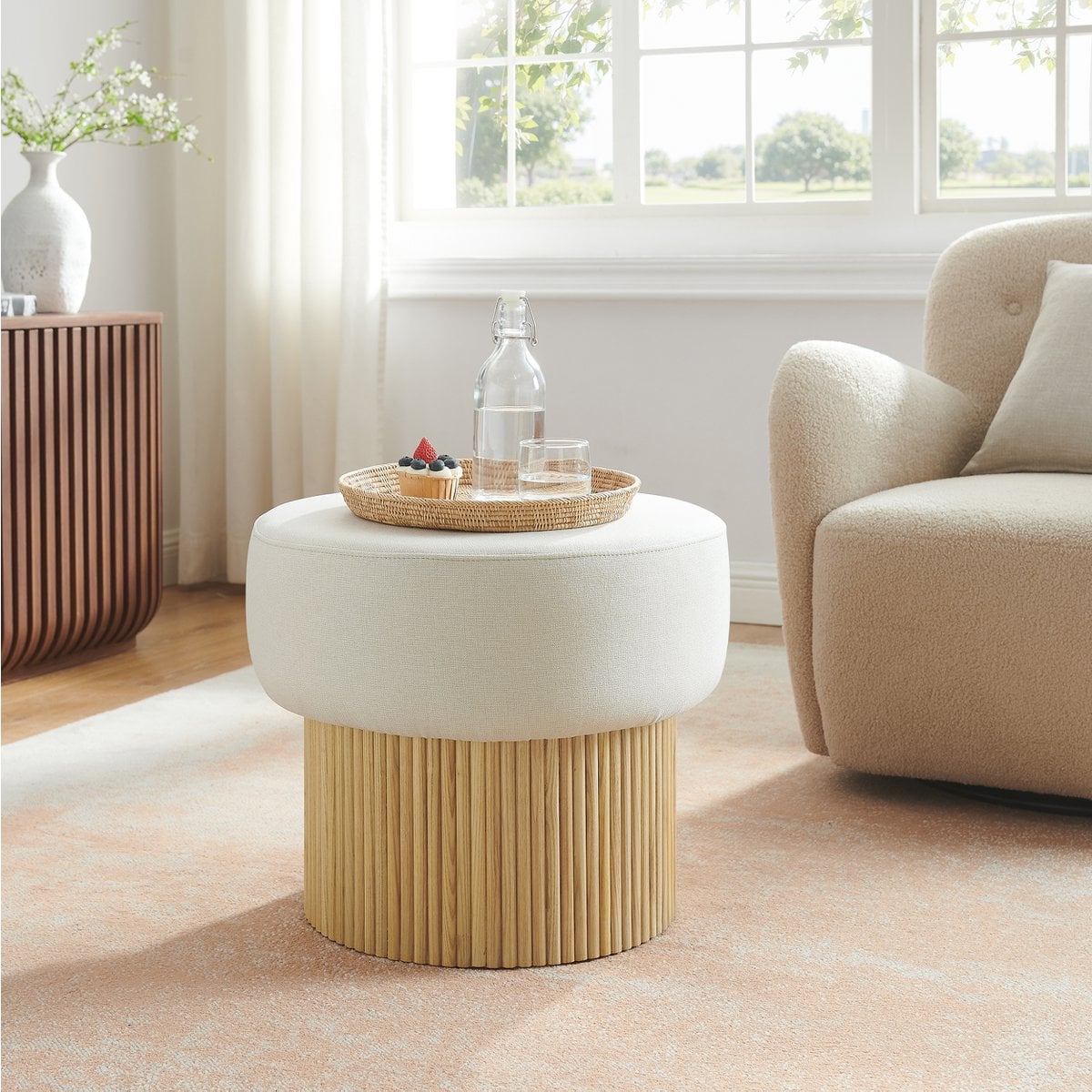 Runder Pouf mit Stauraum Weiß-Natur | VIA X SELECTION