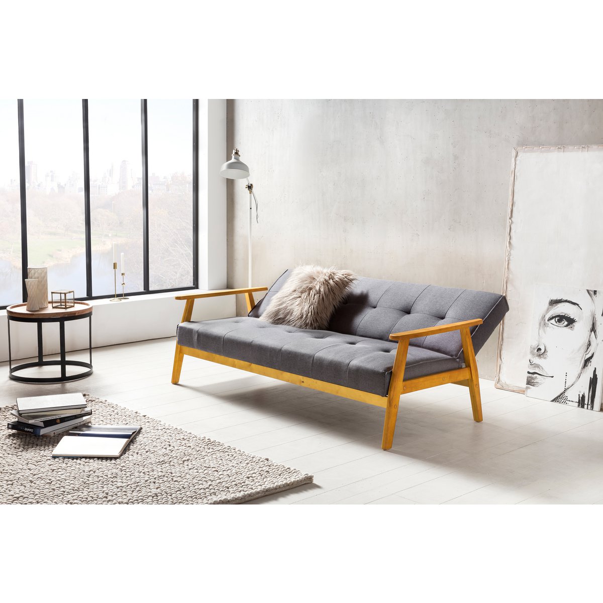 Schlafsofa in dunkelgrauem Webstoff mit Holzgestell | VIA X SELECTION