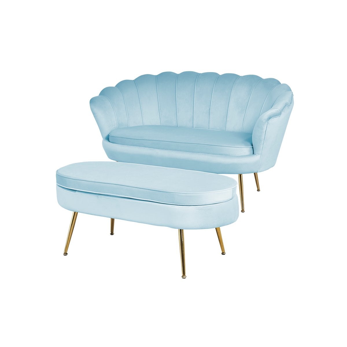 Muschelsofa in hellgrauer Samtoptik mit goldfarbenem Metallgestell | VIA X SELECTION