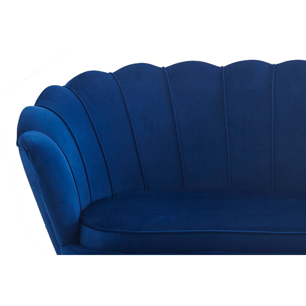 Muschelsofa in dunkelblauer Samtoptik mit goldfarbenem Metallgestell | VIA X SELECTION