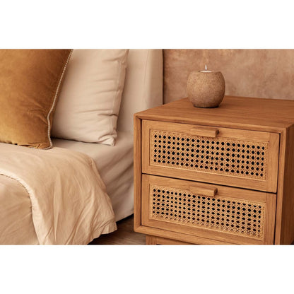 Nachttisch aus Teak und Rattan mit zwei Schubladen, 48 × 51 × 48 cm | VIA X SELECTION