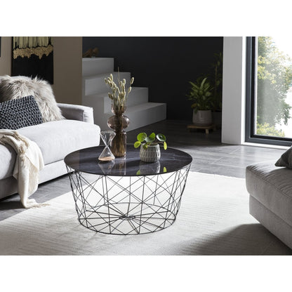 Runder Couchtisch mit Glasplatte in Marmoroptik und Korbgestell, Ø, 80 × 45 cm | VIA X SELECTION