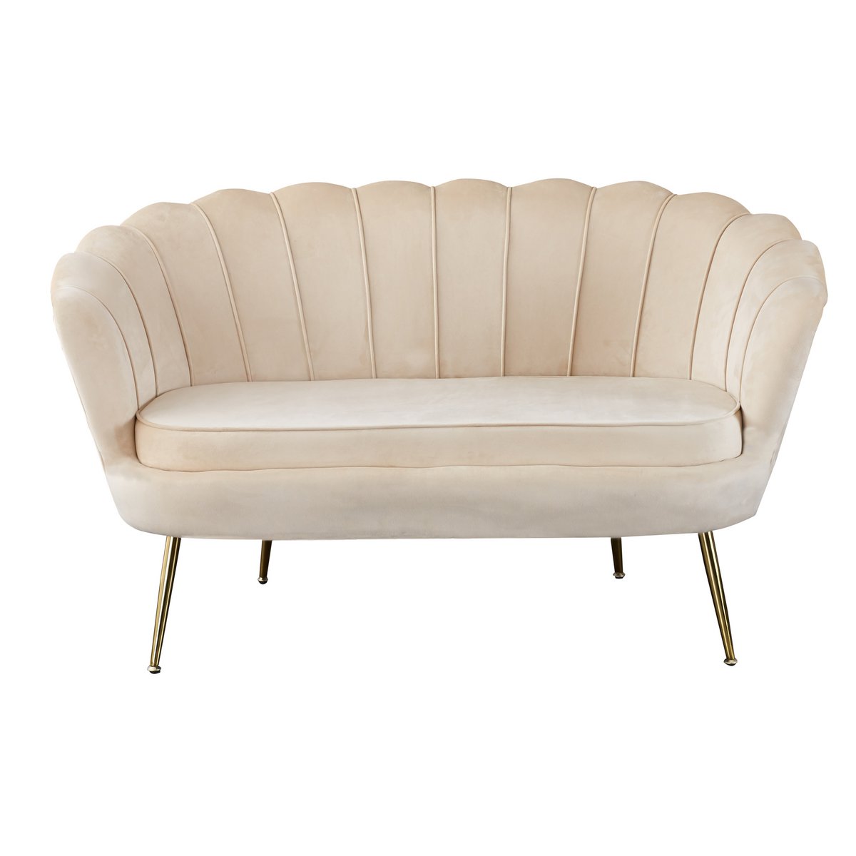 Muschelsofa in beigefarbener Samtoptik mit goldfarbenem Metallgestell | VIA X SELECTION