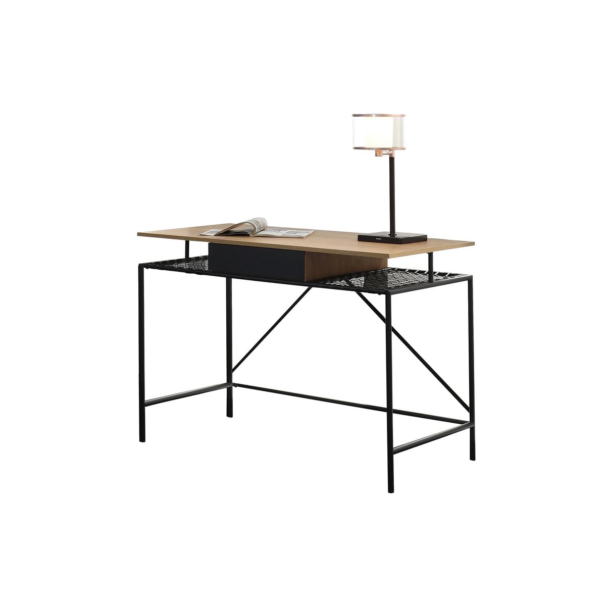 Schreibtisch mit Polyrattan-Ablage natur-schwarz 110 cm | VIA X SELECTION