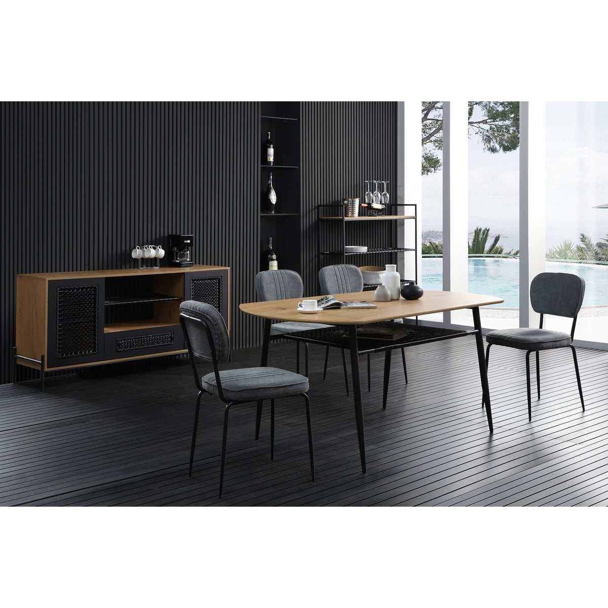 Bücherregal mit Polyrattan und naturfarbenen Ablagen, 34 × 110 × 129 cm | VIA X SELECTION