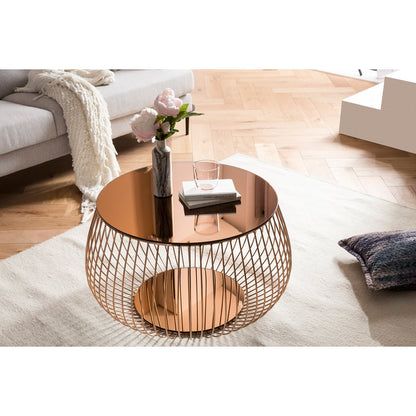 Runder Couchtisch mit roségoldener Spiegelplatte und Korbgestell, Ø, 72 × 42 cm | VIA X SELECTION