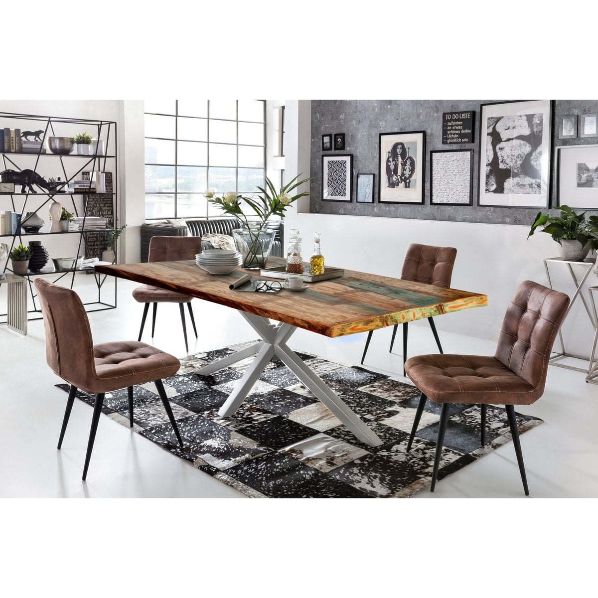 Esstisch Altholz bunt silberfarbenes Metallgestell, 160 × 85 cm | VIA X SELECTION
