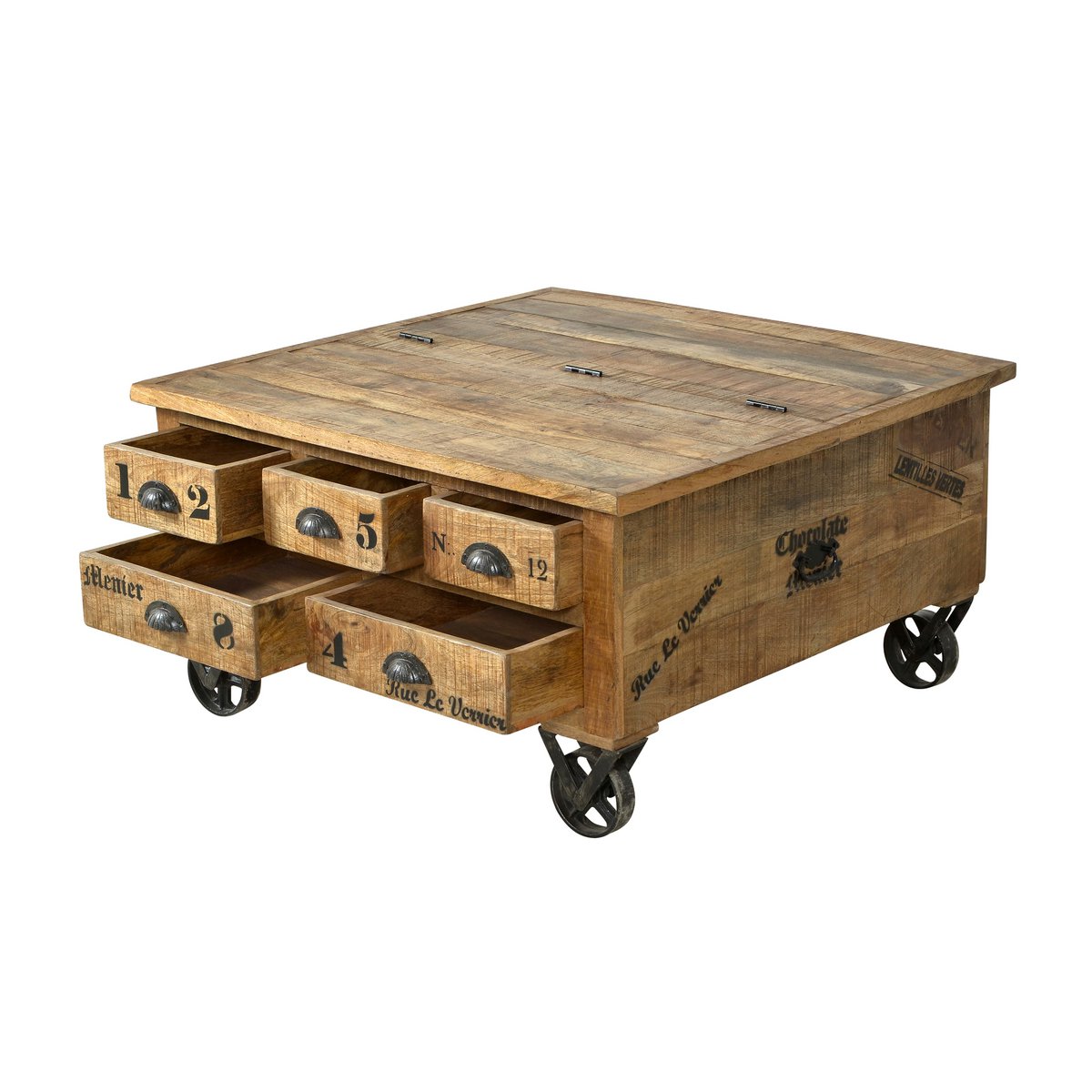 Couchtisch-Truhe aus Mangoholz und Metall auf Rollen, 90 × 90 × 47 cm | VIA X SELECTION