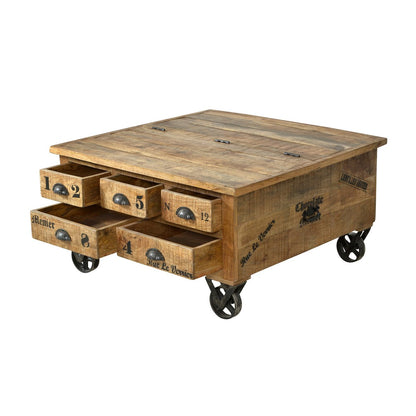 Couchtisch-Truhe aus Mangoholz und Metall auf Rollen, 90 × 90 × 47 cm | VIA X SELECTION