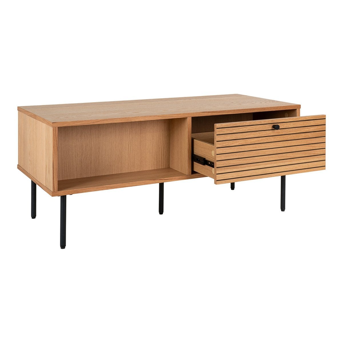 Couchtisch aus Eichenfurnier mit schwarzem Stahlgestell und zwei Schubladen, 100 × 50 × 45 cm | VIA X SELECTION