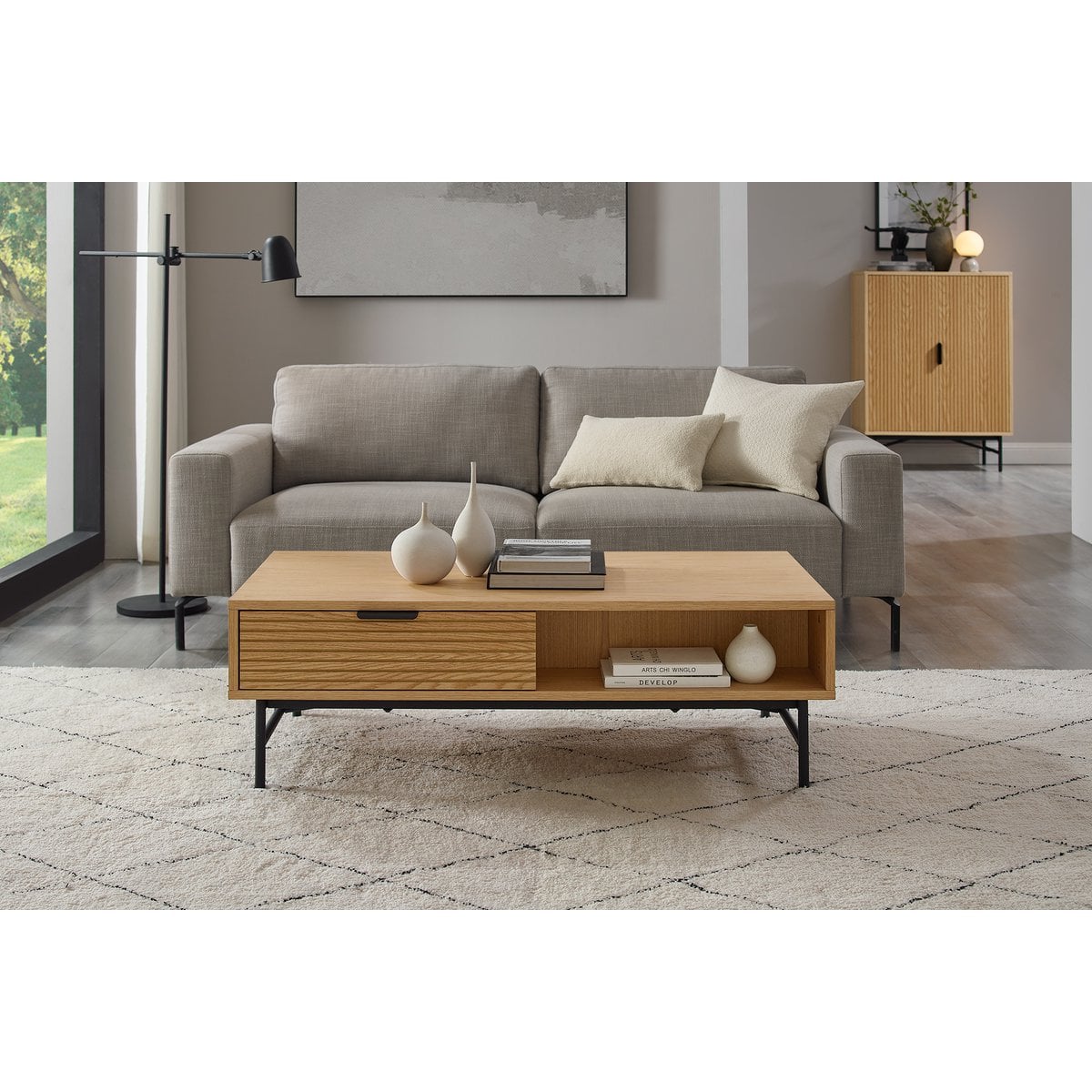 Couchtisch aus Eichenfurnier mit Schublade, 120 × 60 × 40 cm | VIA X SELECTION