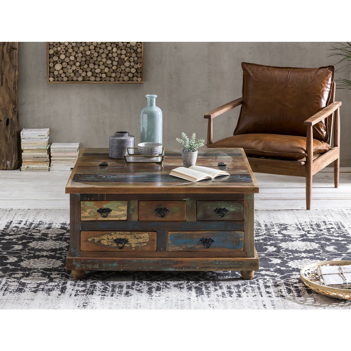 Couchtisch-Truhe aus Holz und Kaffeesack mit Stauraum, 90 × 90 × 47 cm | VIA X SELECTION