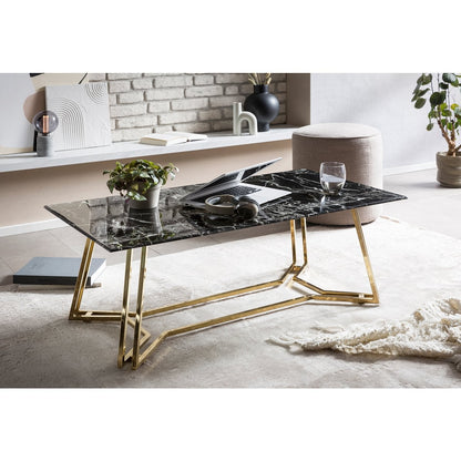 Couchtisch mit Glasplatte in Marmoroptik und goldfarbenem Gestell, 110 × 60 × 40 cm | VIA X SELECTION