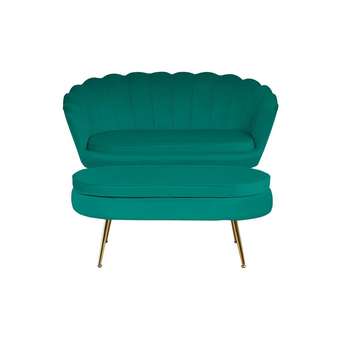 Muschelsofa in grüner Samtoptik mit goldfarbenem Metallgestell | VIA X SELECTION