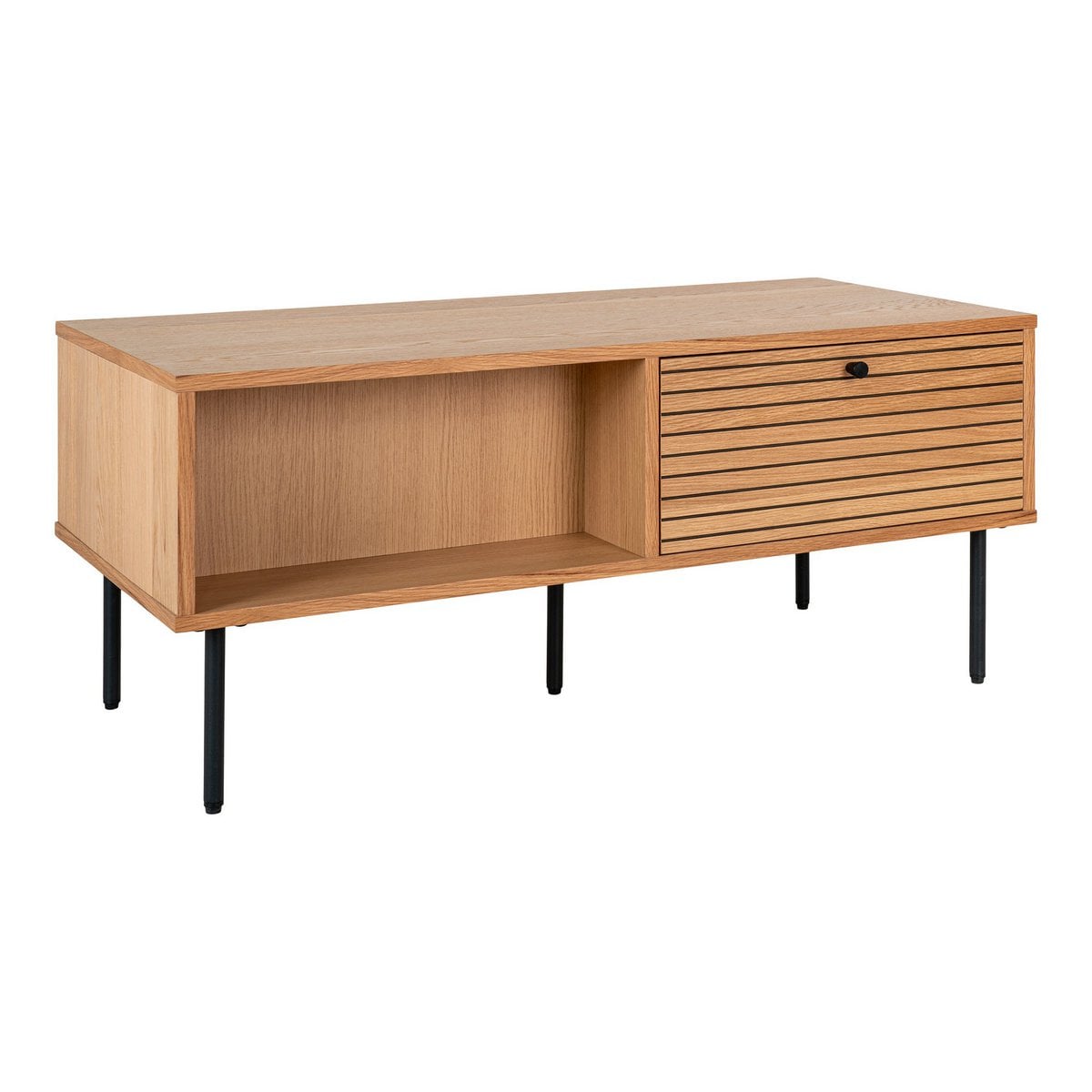 Couchtisch aus Eichenfurnier mit schwarzem Stahlgestell und zwei Schubladen, 100 × 50 × 45 cm | VIA X SELECTION
