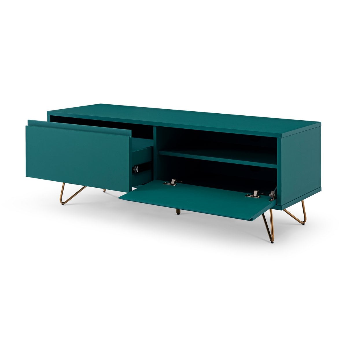 TV-Lowboard in Blaugrün mit goldfarbenen Metallbeinen, 120 × 40 × 45 cm | VIA X SELECTION