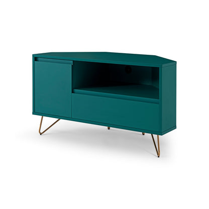TV-Ecklowboard in Blau mit goldfarbenen Metallbeinen, 100 × 50 × 58 cm | VIA X SELECTION