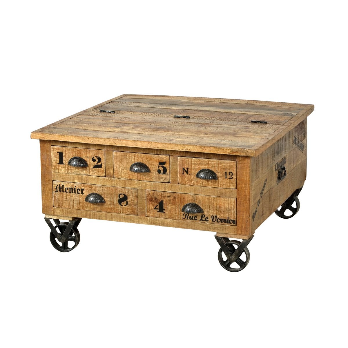 Couchtisch-Truhe aus Mangoholz und Metall auf Rollen, 90 × 90 × 47 cm | VIA X SELECTION