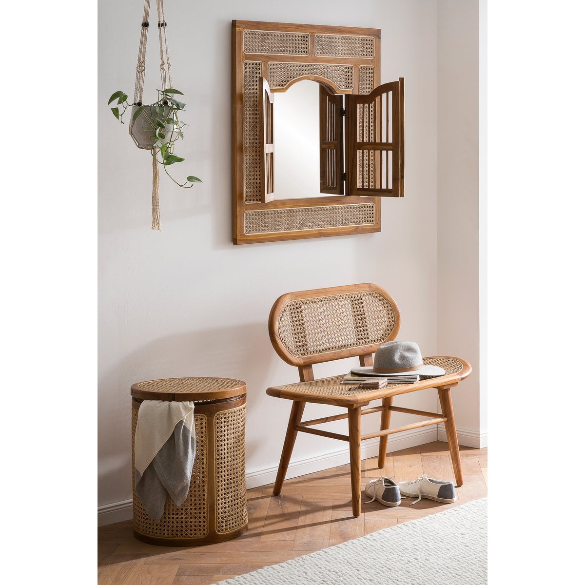 Sitzbank aus Rattan natur 95 cm mit Teakgestell | VIA X SELECTION