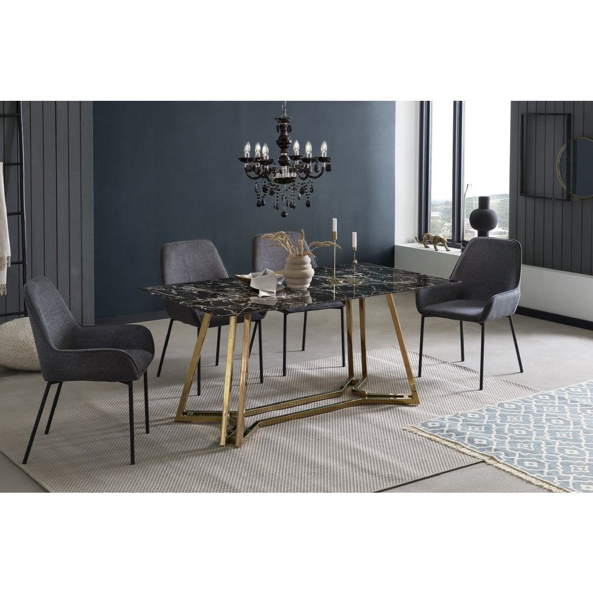 Esstisch mit Glasplatte in Marmoroptik und goldfarbenem Metallgestell, 160 × 90 cm | VIA X SELECTION