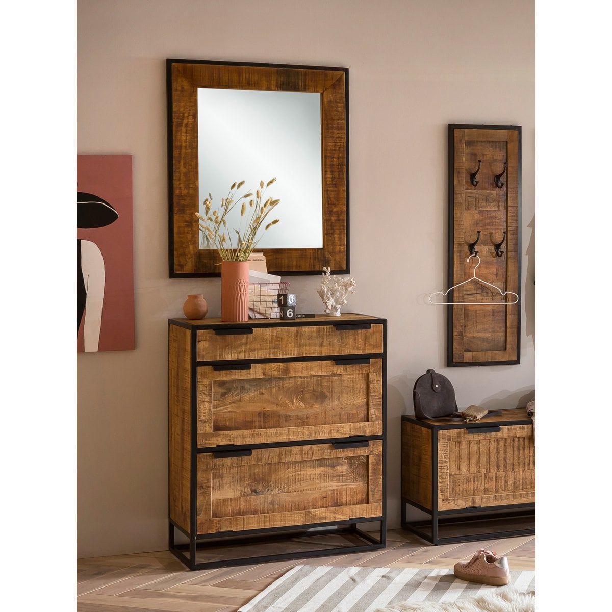 Schuhschrank aus Mangoholz mit Schublade, 40 × 80 × 96 cm | VIA X SELECTION