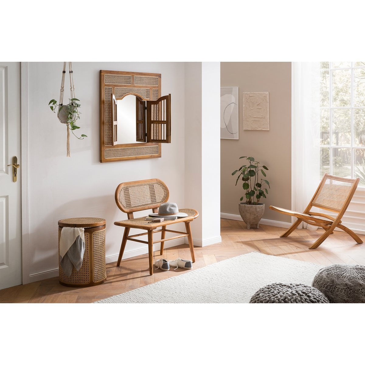 Sitzbank aus Rattan natur 95 cm mit Teakgestell | VIA X SELECTION