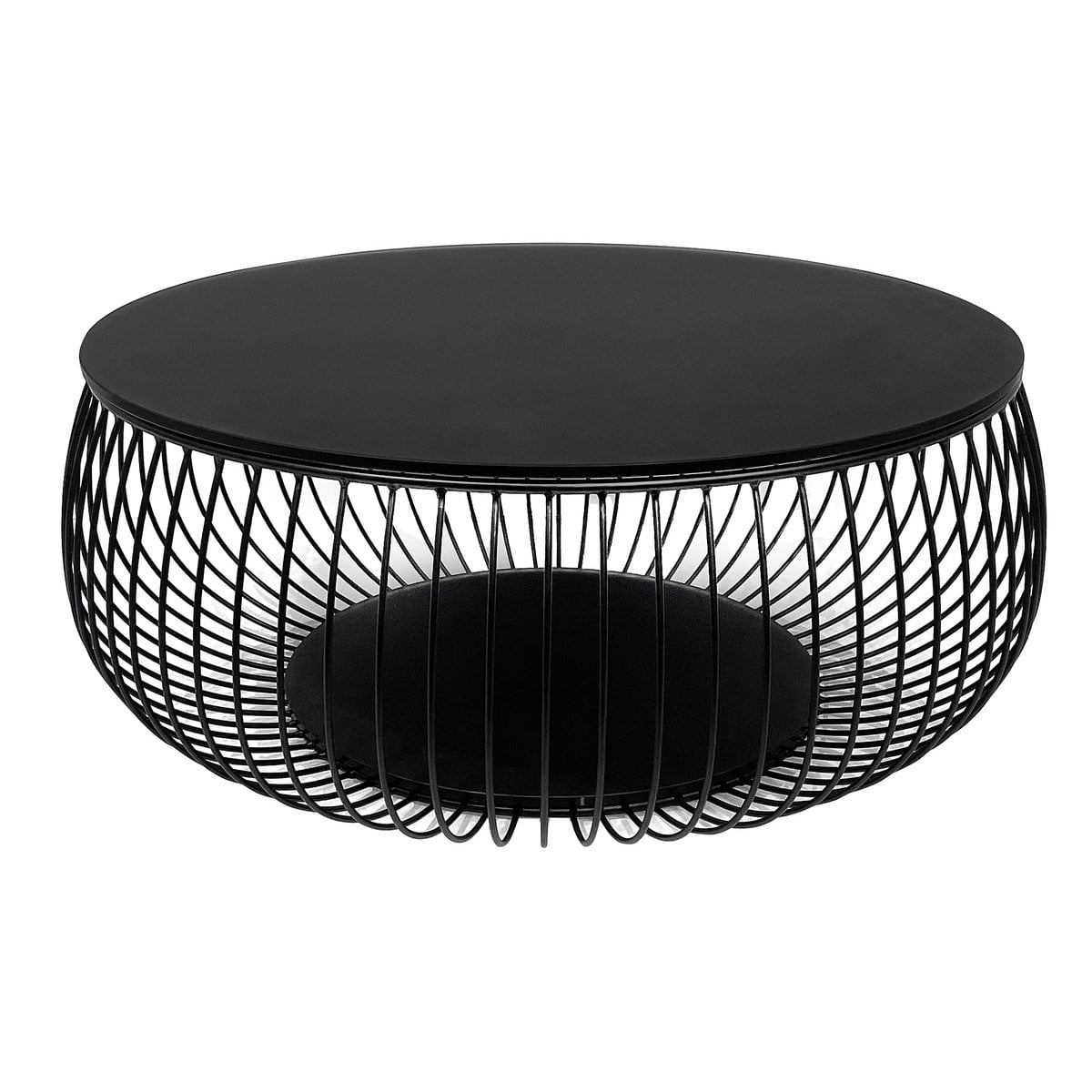 Runder Couchtisch mit schwarzer Glasplatte und Drahtgestell, Ø, 86 × 35 cm | VIA X SELECTION