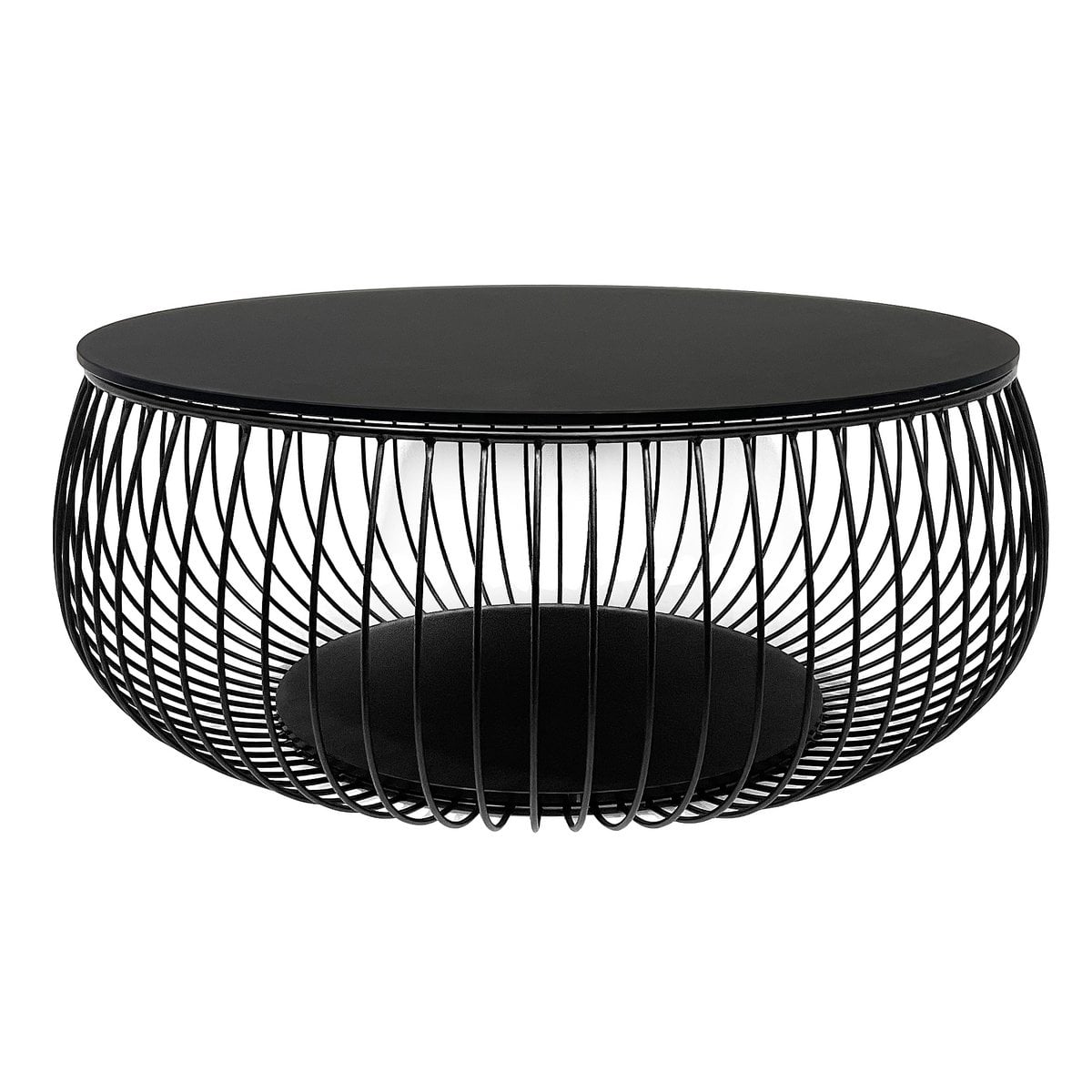 Runder Couchtisch mit schwarzer Glasplatte und Drahtgestell, Ø, 86 × 35 cm | VIA X SELECTION