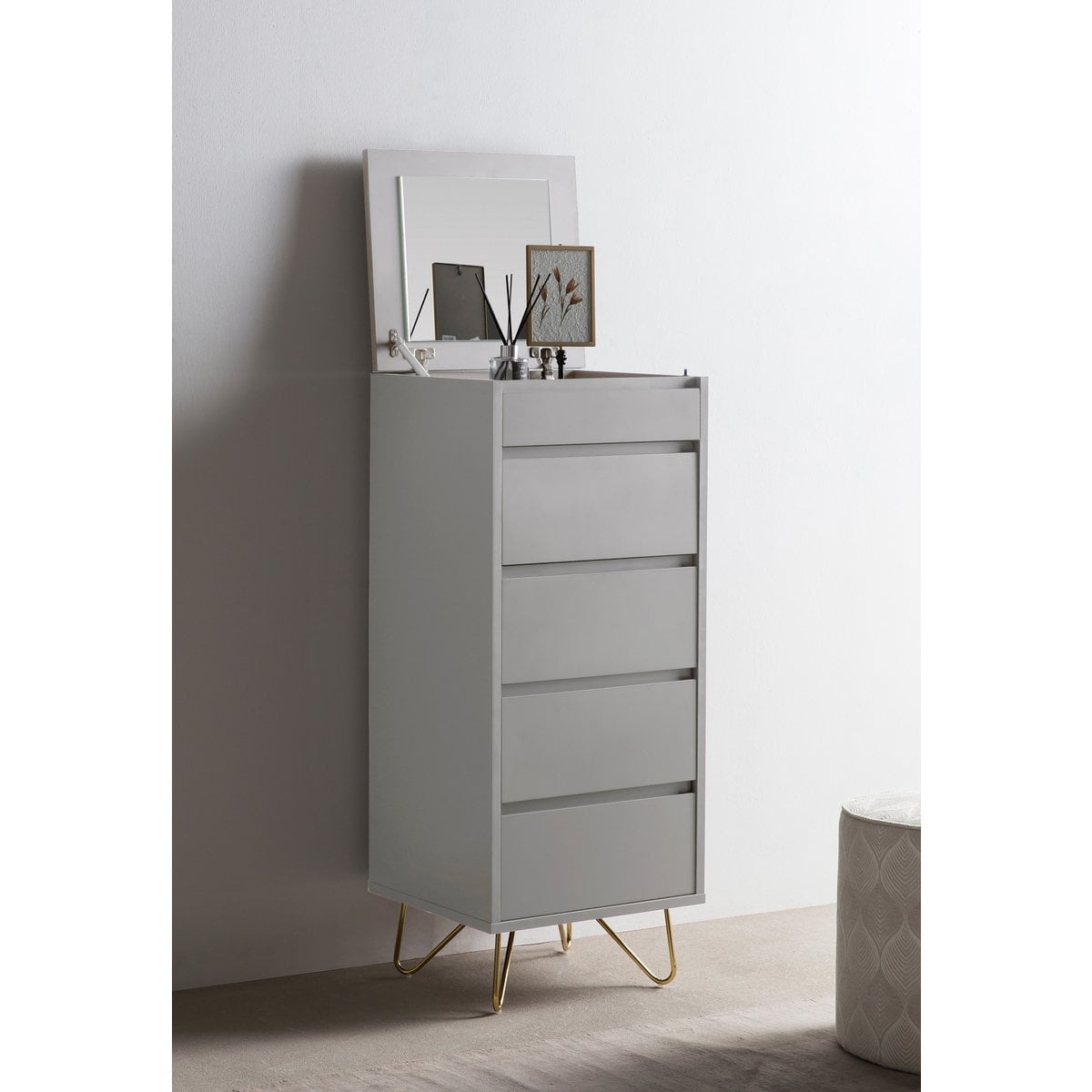 Hochkommode weiß mit Spiegelklappe, 40 × 45 × 110 cm | VIA X SELECTION